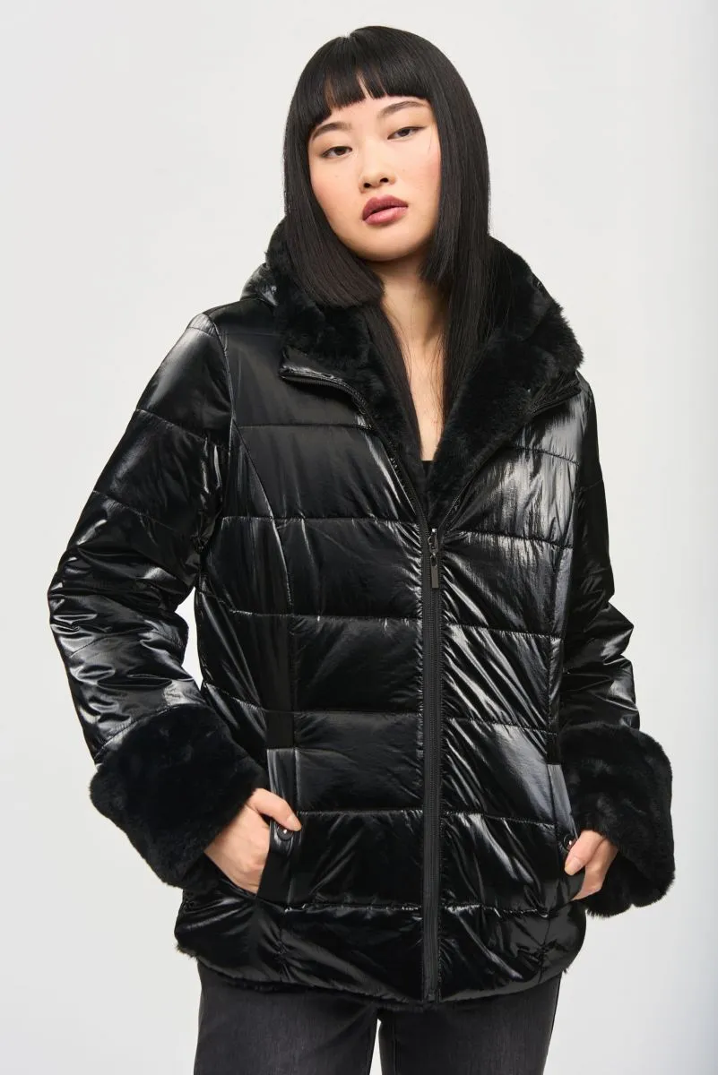 Joseph Ribkoff Black Reversible Faux Fur Quilted Puffer Coat 243937