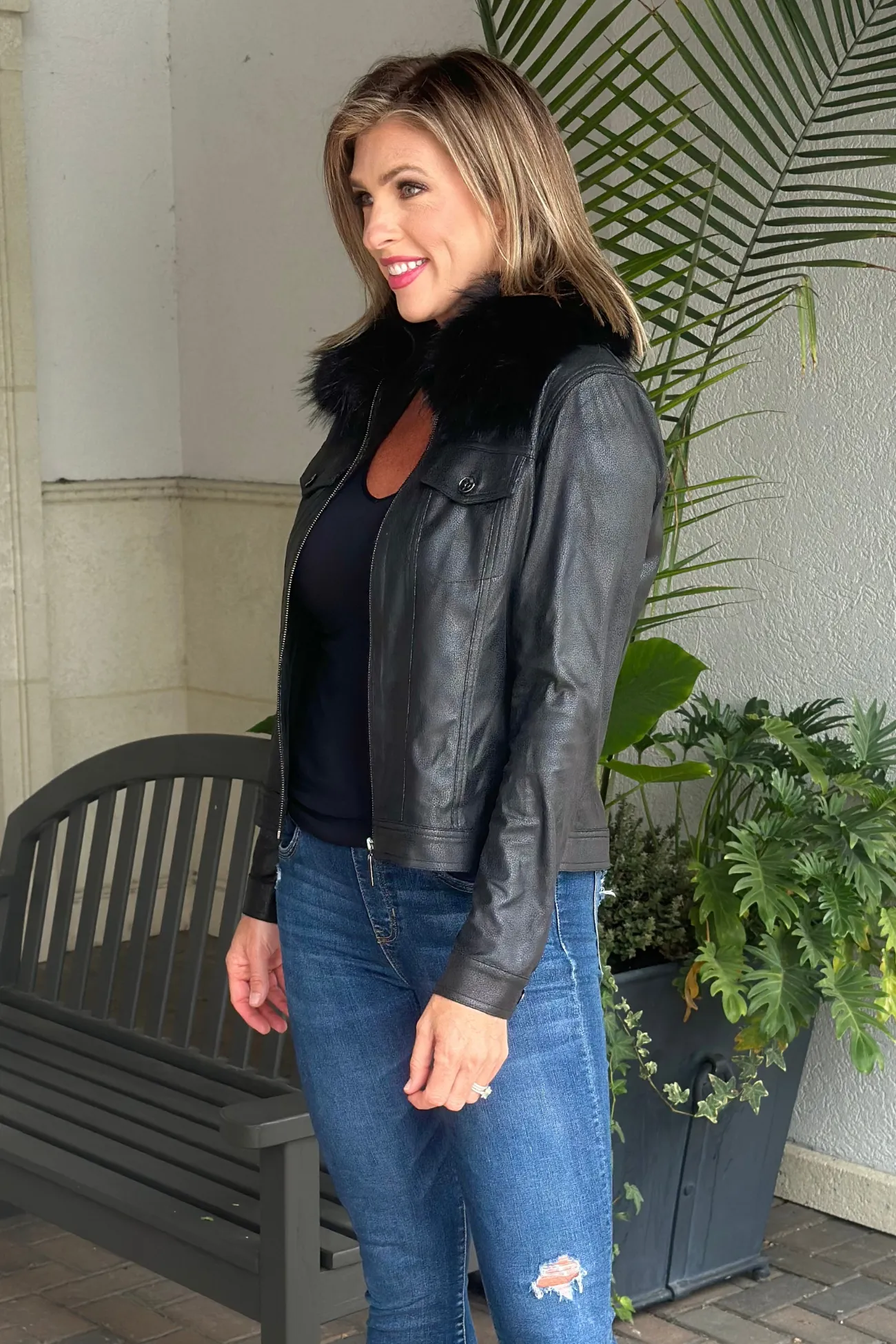 Joseph Ribkoff Faux Fur Collar Suede Jacket