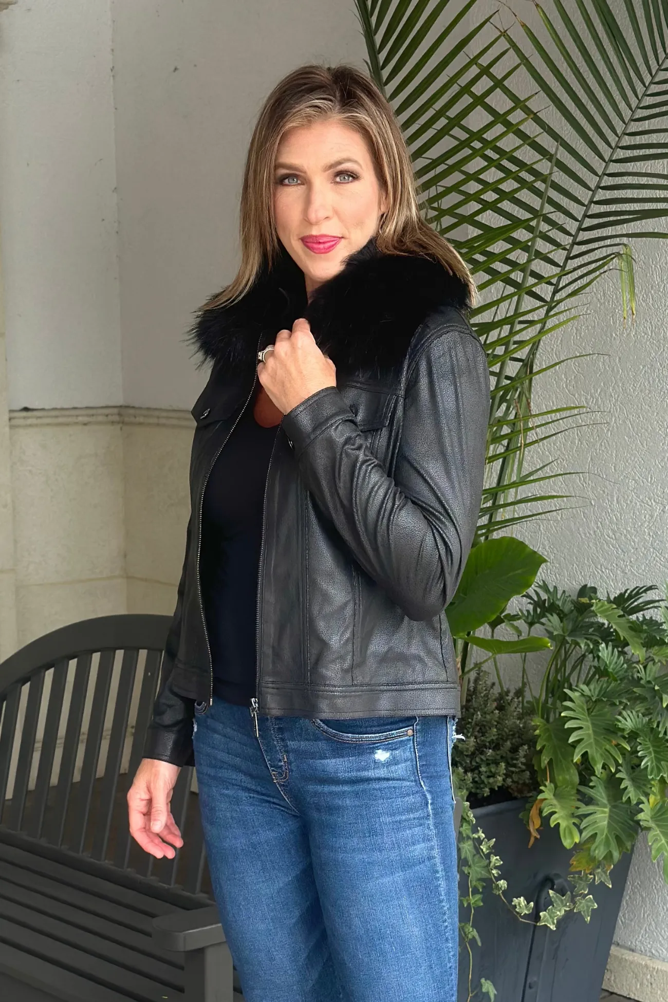 Joseph Ribkoff Faux Fur Collar Suede Jacket