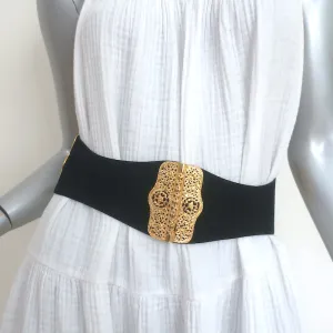 Judith Leiber Carved Embellishment Hinged Wide Belt Black Suede One Size