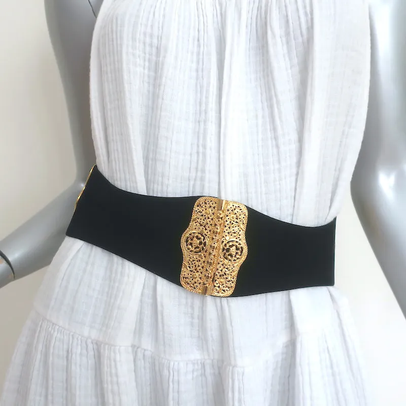 Judith Leiber Carved Embellishment Hinged Wide Belt Black Suede One Size