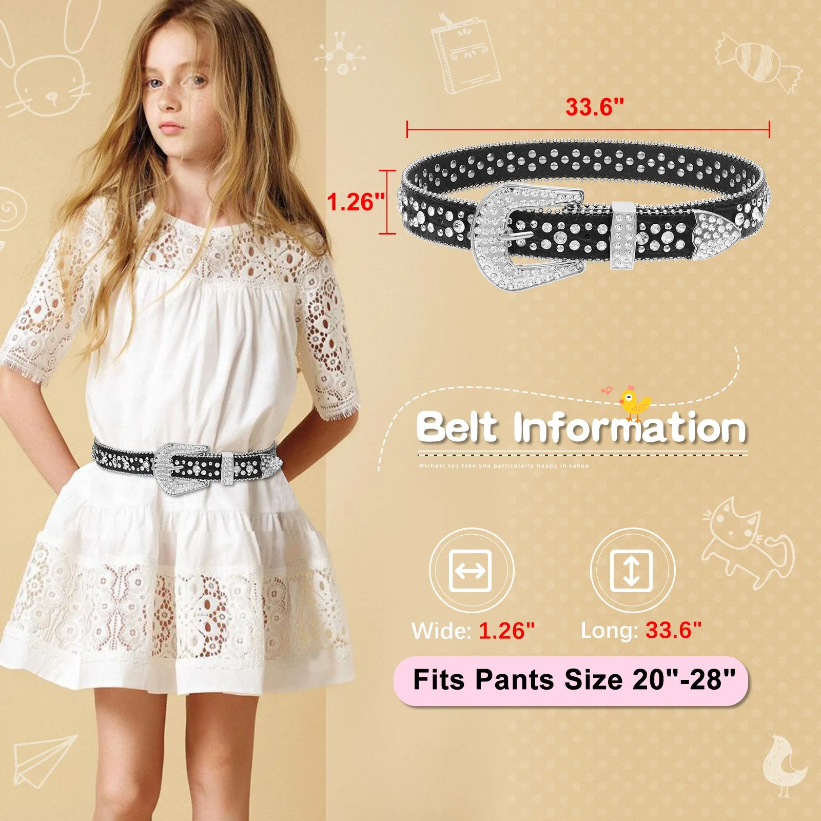 Kids Fashion Rhinestone Shiny Crystal Studded Leather Belts