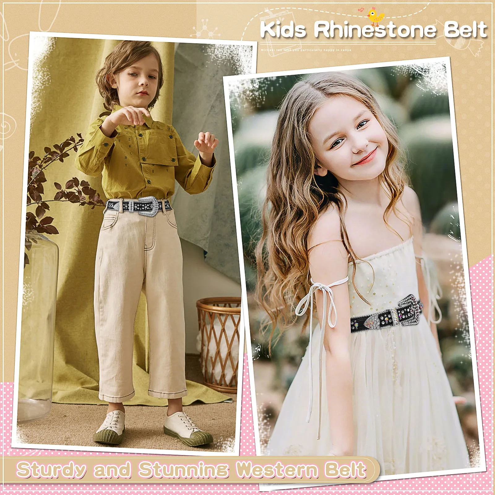 Kids Fashion Rhinestone Shiny Crystal Studded Leather Belts