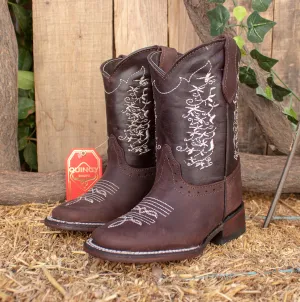 KIDS TODDLER WESTERN Girls square toe dark brown genuine embroidered leather cowboy boots