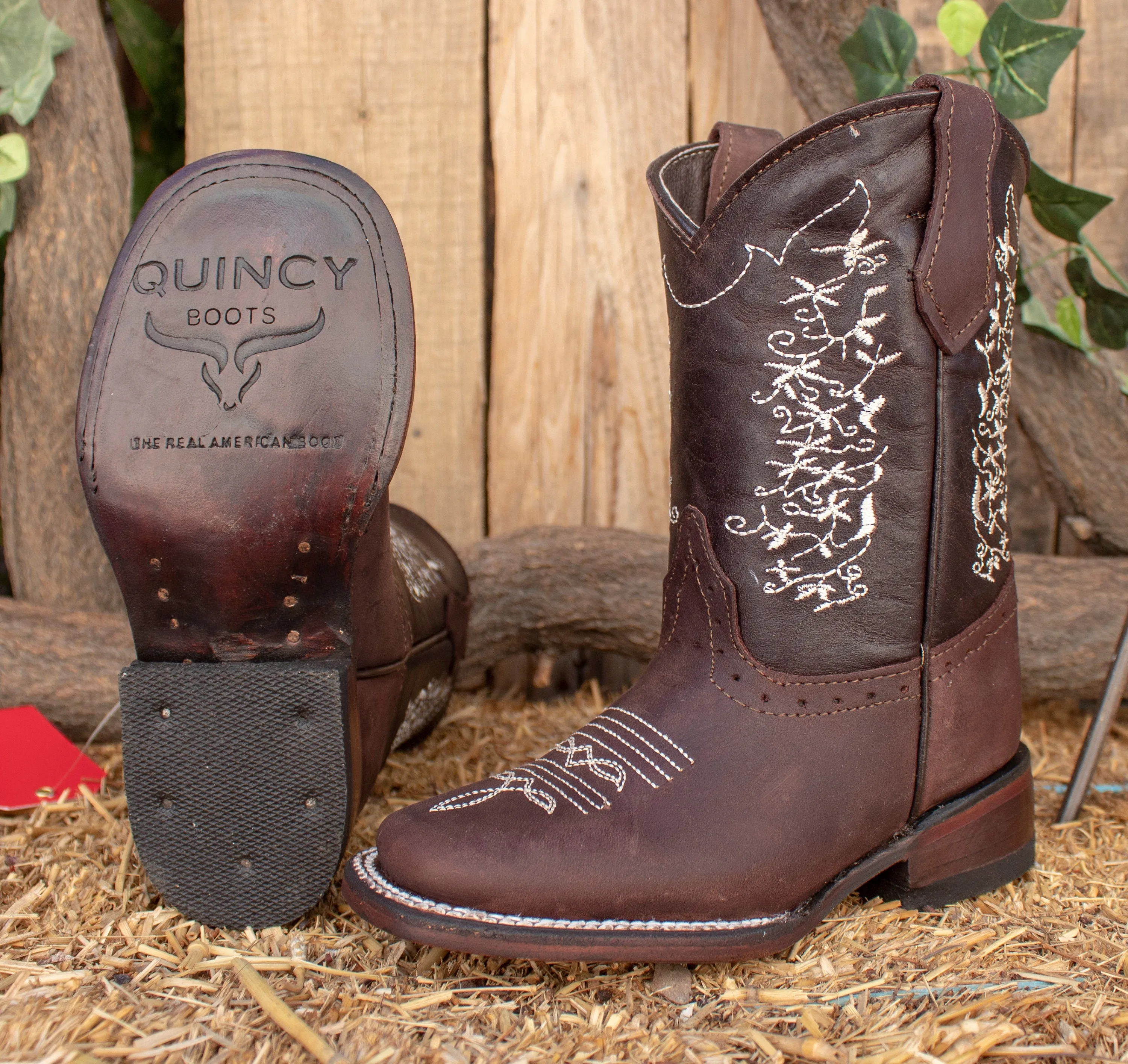 KIDS TODDLER WESTERN Girls square toe dark brown genuine embroidered leather cowboy boots