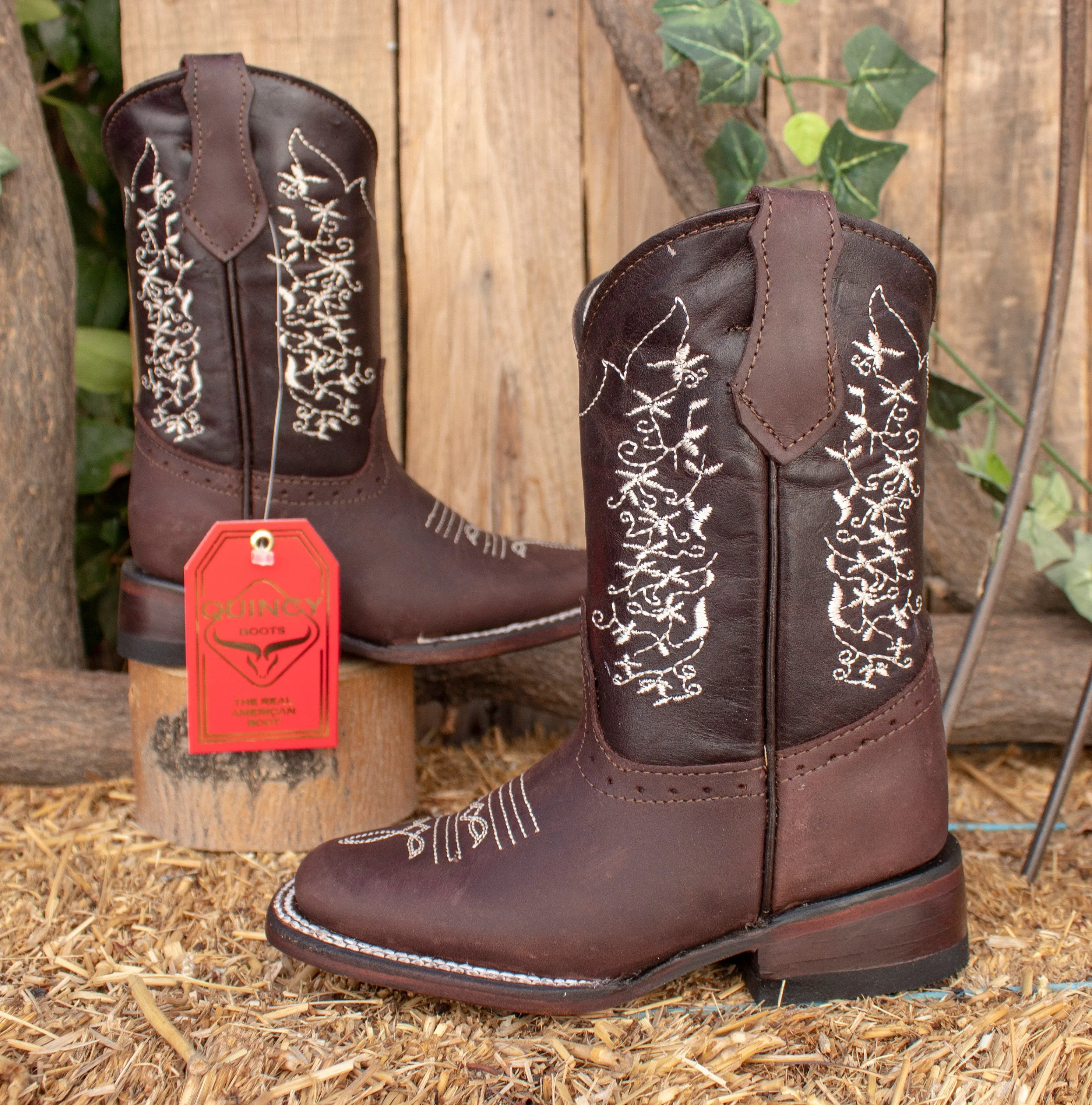 KIDS TODDLER WESTERN Girls square toe dark brown genuine embroidered leather cowboy boots