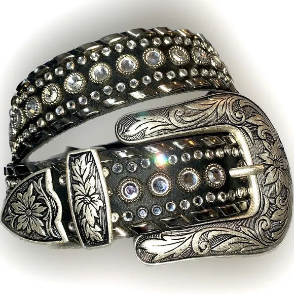 KIPPYS Cowboy Swarovski Crystal Bling Silver Black Leather Cowgirl Western Belt