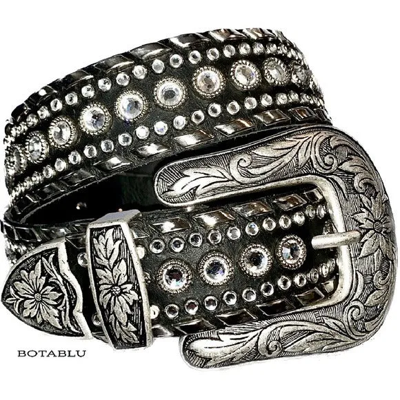 KIPPYS Cowboy Swarovski Crystal Bling Silver Black Leather Cowgirl Western Belt