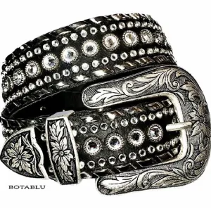 KIPPYS Cowboy Swarovski Crystal Bling Silver Black Leather Cowgirl Western Belt