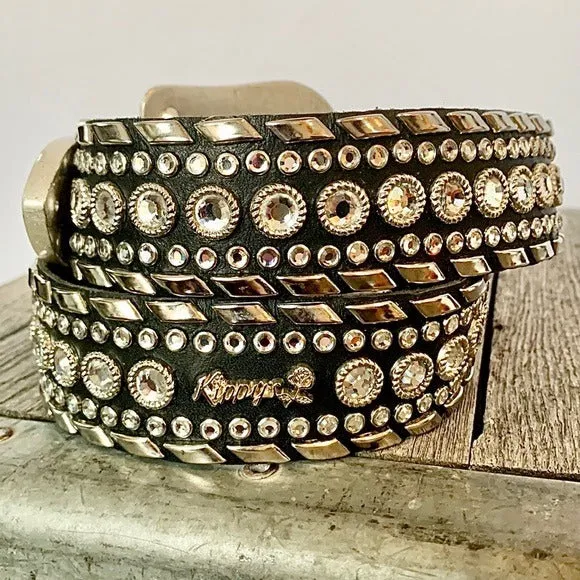 KIPPYS Cowboy Swarovski Crystal Bling Silver Black Leather Cowgirl Western Belt