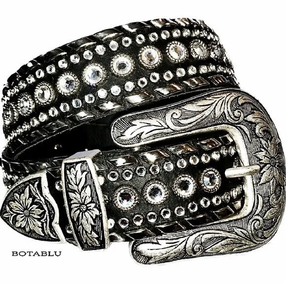 KIPPYS Cowboy Swarovski Crystal Bling Silver Black Leather Cowgirl Western Belt