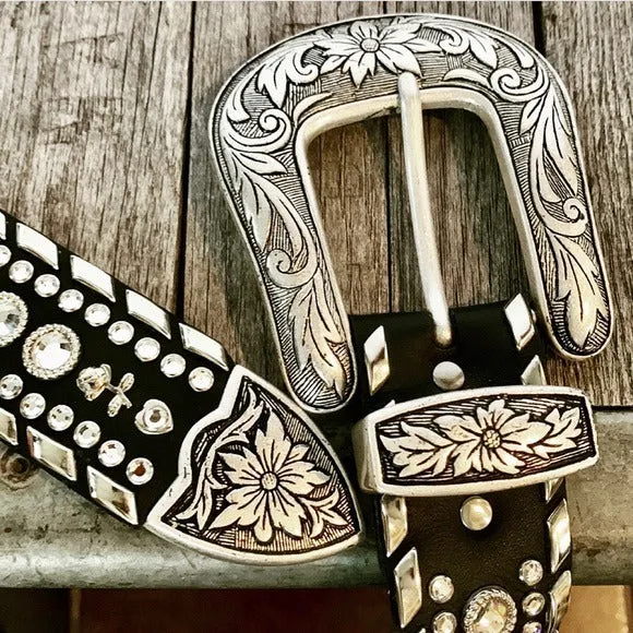 KIPPYS Cowboy Swarovski Crystal Bling Silver Black Leather Cowgirl Western Belt