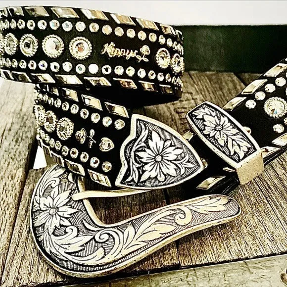 KIPPYS Cowboy Swarovski Crystal Bling Silver Black Leather Cowgirl Western Belt
