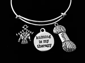 Knitting is My Therapy Adjustable Bracelet Expandable Silver Charm Bracelet Bangle Yarn Knitting Needles Trendy Gift
