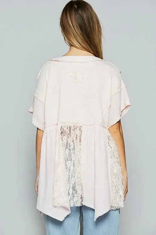 Lace-Trim V-Neck Pink Knit Top – Feminine & Stylish Wardrobe Essential