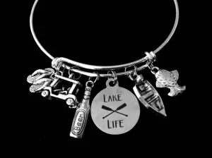 Lake Life Jewelry Adjustable Bracelet Expandable Silver Charm Bangle Golf Cart Flip Flops Fishing One Size Fits All Gift Summer