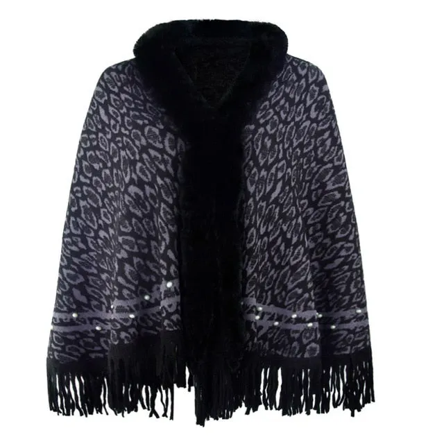 Leopard Color Faux Fur Collar Thick Winter Warm Shawl Jackets