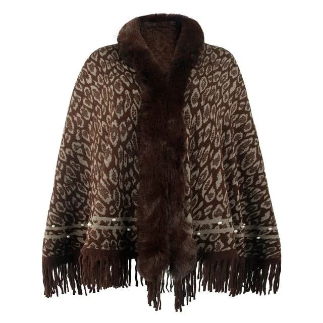 Leopard Color Faux Fur Collar Thick Winter Warm Shawl Jackets