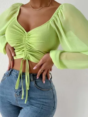 Lime Green Ruched Blouse With Sheer Sleeves