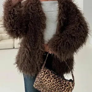 Long Faux Fur Coat in Brown