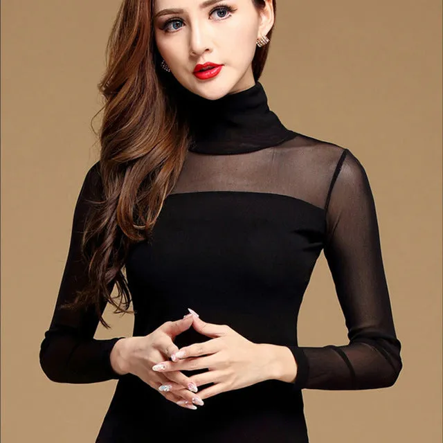 Long Sleeve, Sheer Turtle Neck Blouse