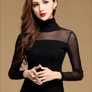 Long Sleeve, Sheer Turtle Neck Blouse