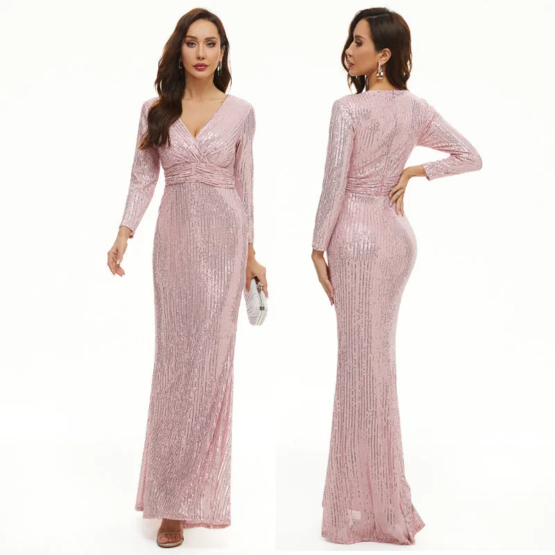 Long Sleeve V Neck Sequined Fishtail Evening Dress