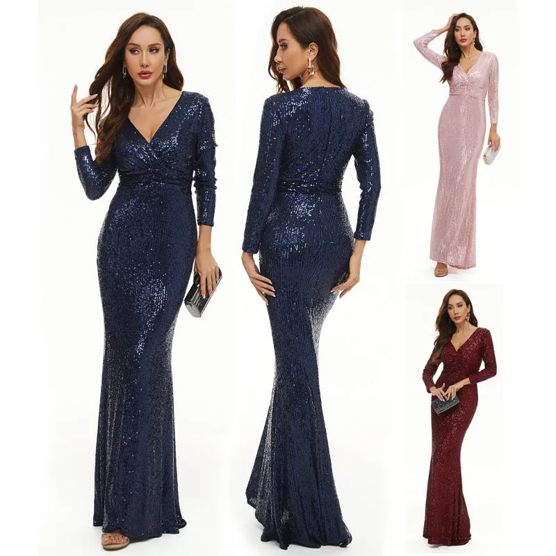Long Sleeve V Neck Sequined Fishtail Evening Dress