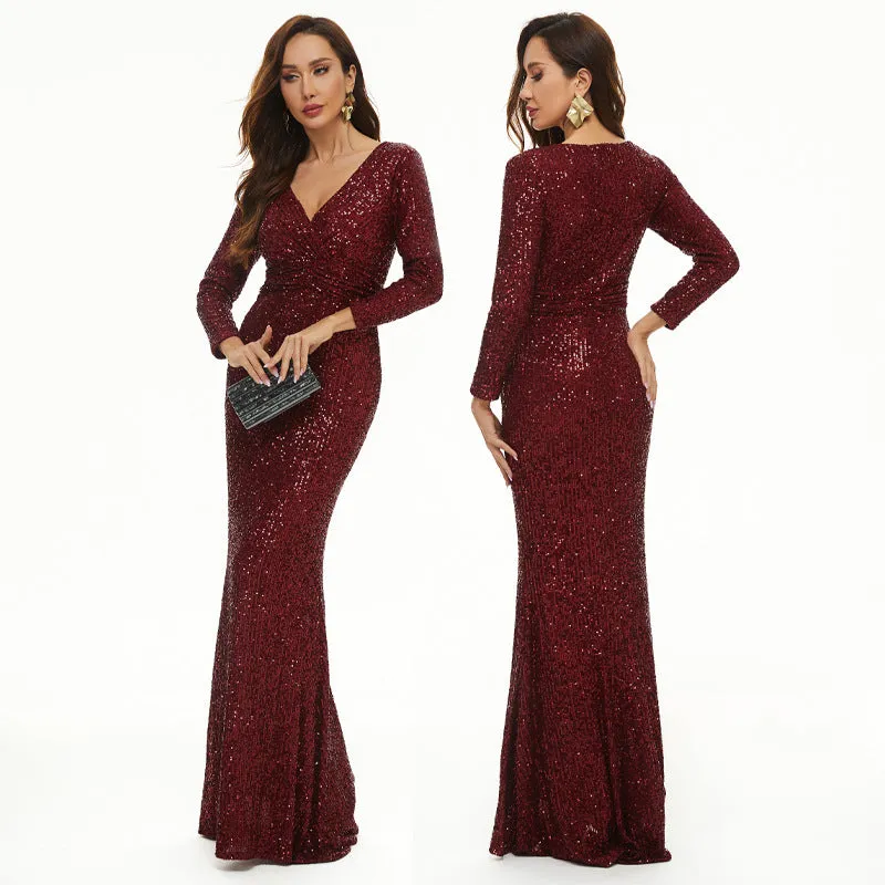 Long Sleeve V Neck Sequined Fishtail Evening Dress