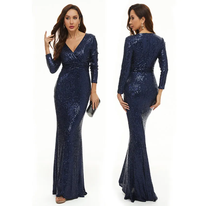 Long Sleeve V Neck Sequined Fishtail Evening Dress