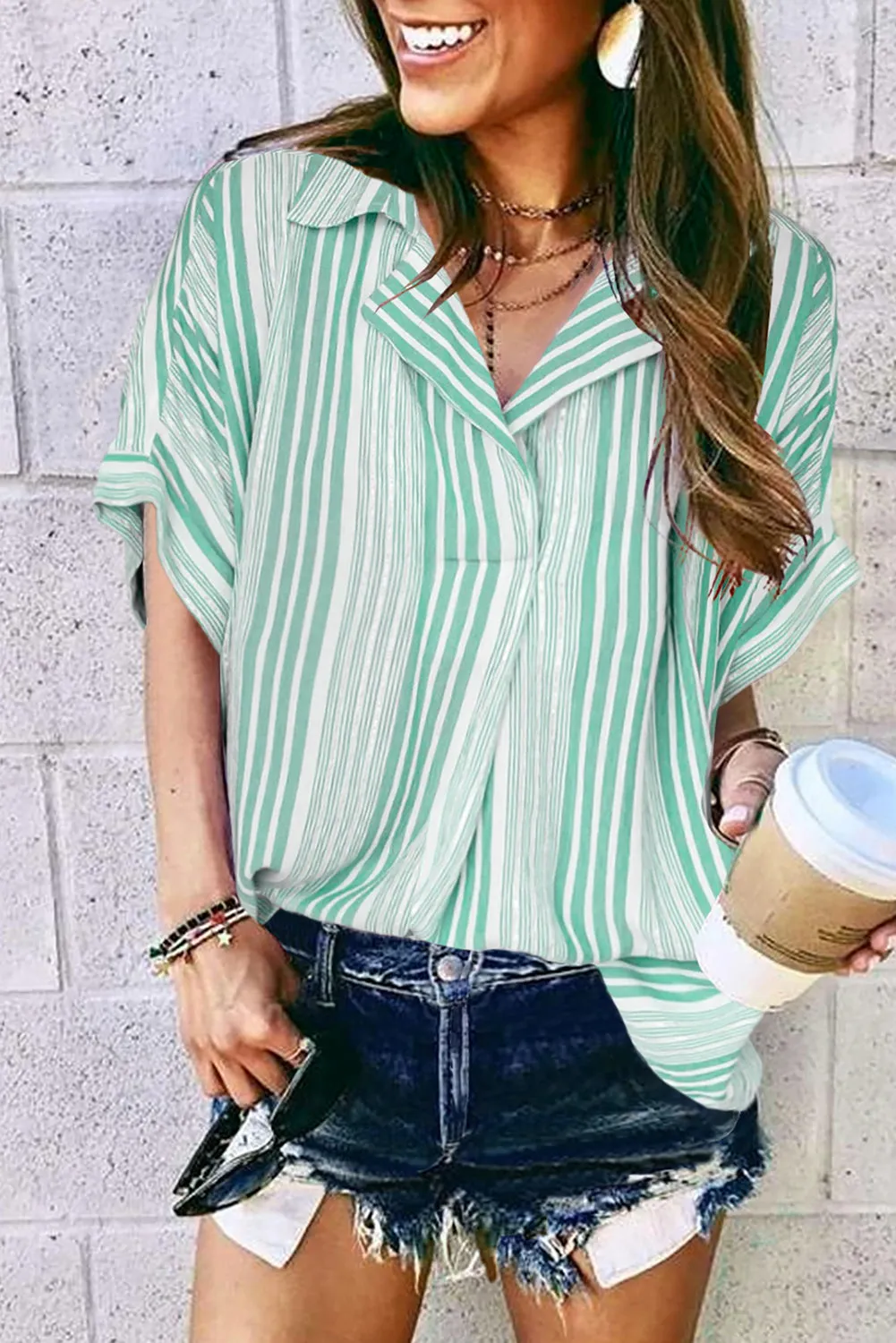Loose Button Back Striped Blouse