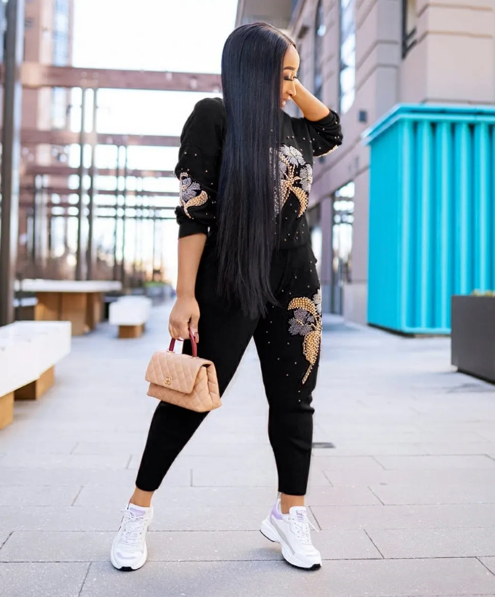 Love Thing- 2 pcs Embellished Sweater Tracksuit Set (NEW)