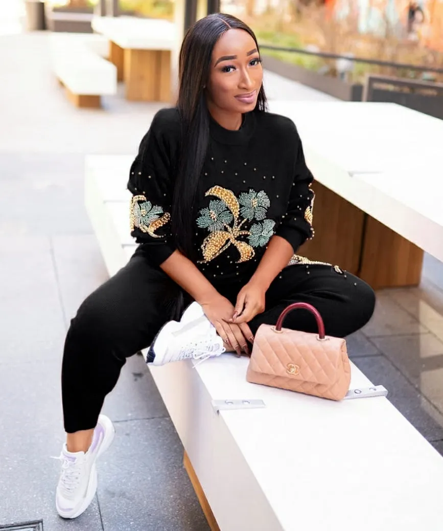 Love Thing- 2 pcs Embellished Sweater Tracksuit Set (NEW)