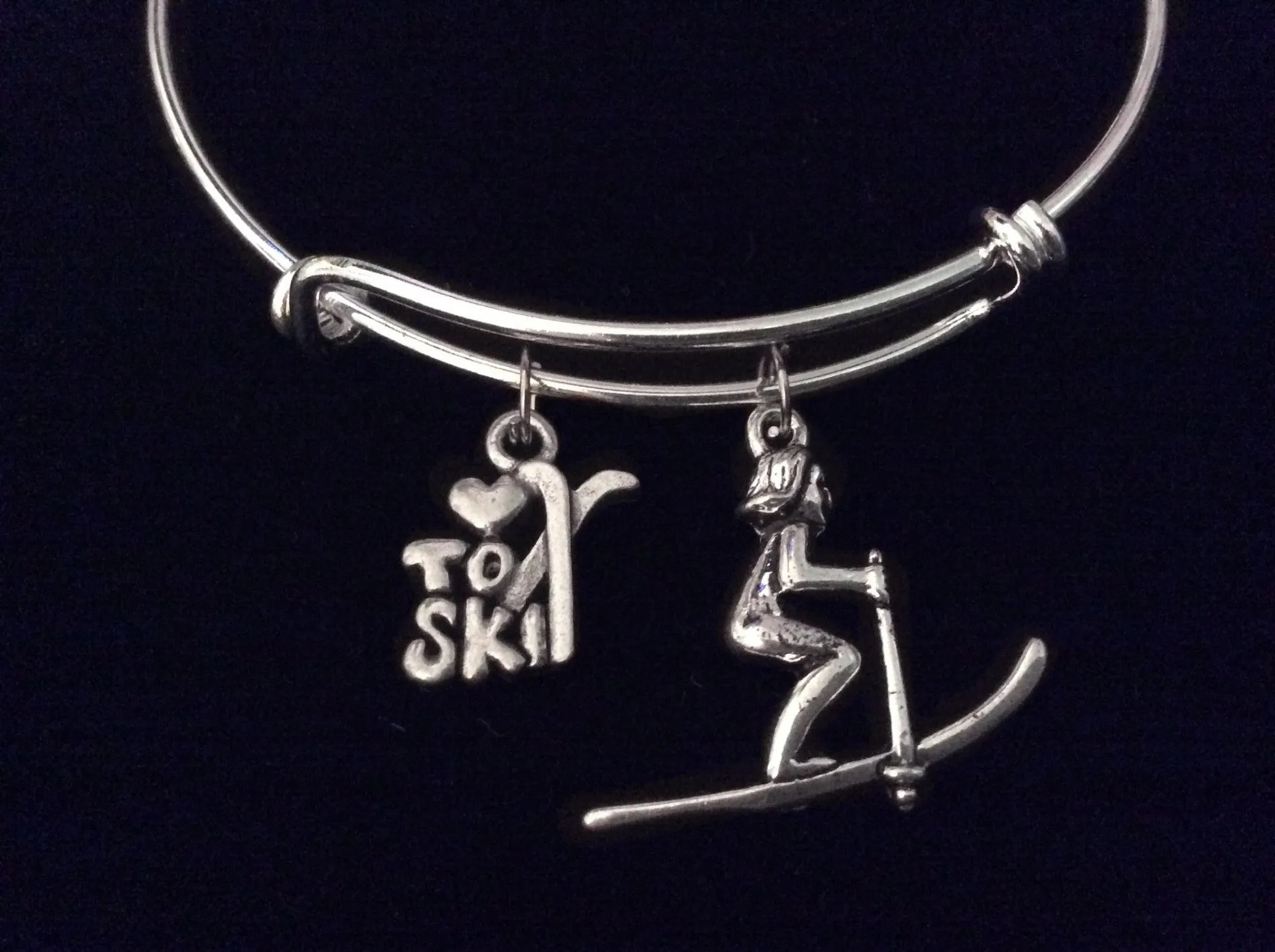 Love to Ski Expandable Charm Bracelet Silver Adjustable Bangle Skier Gift