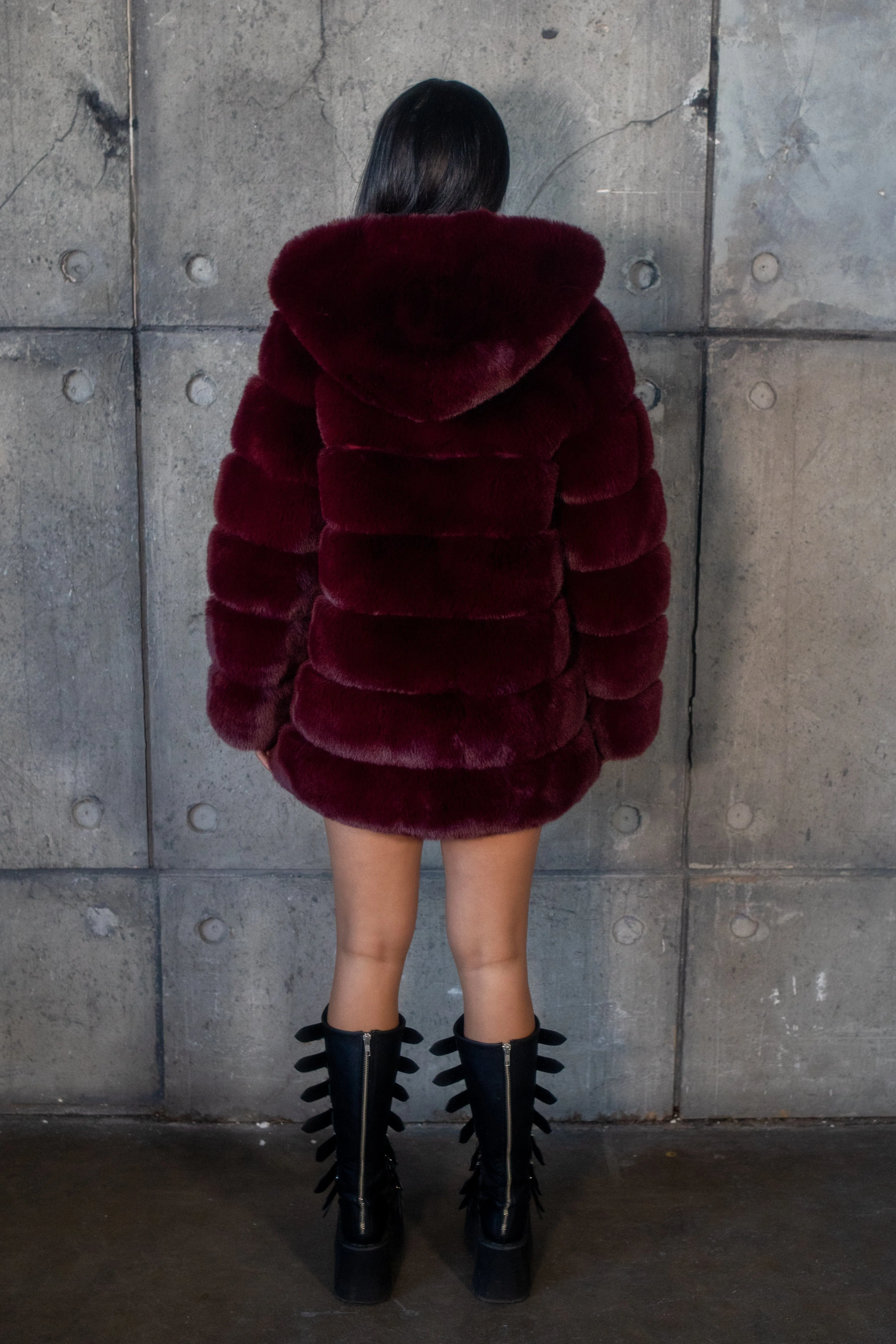 LUXE Chocolate Burgundy Faux Fur Coat