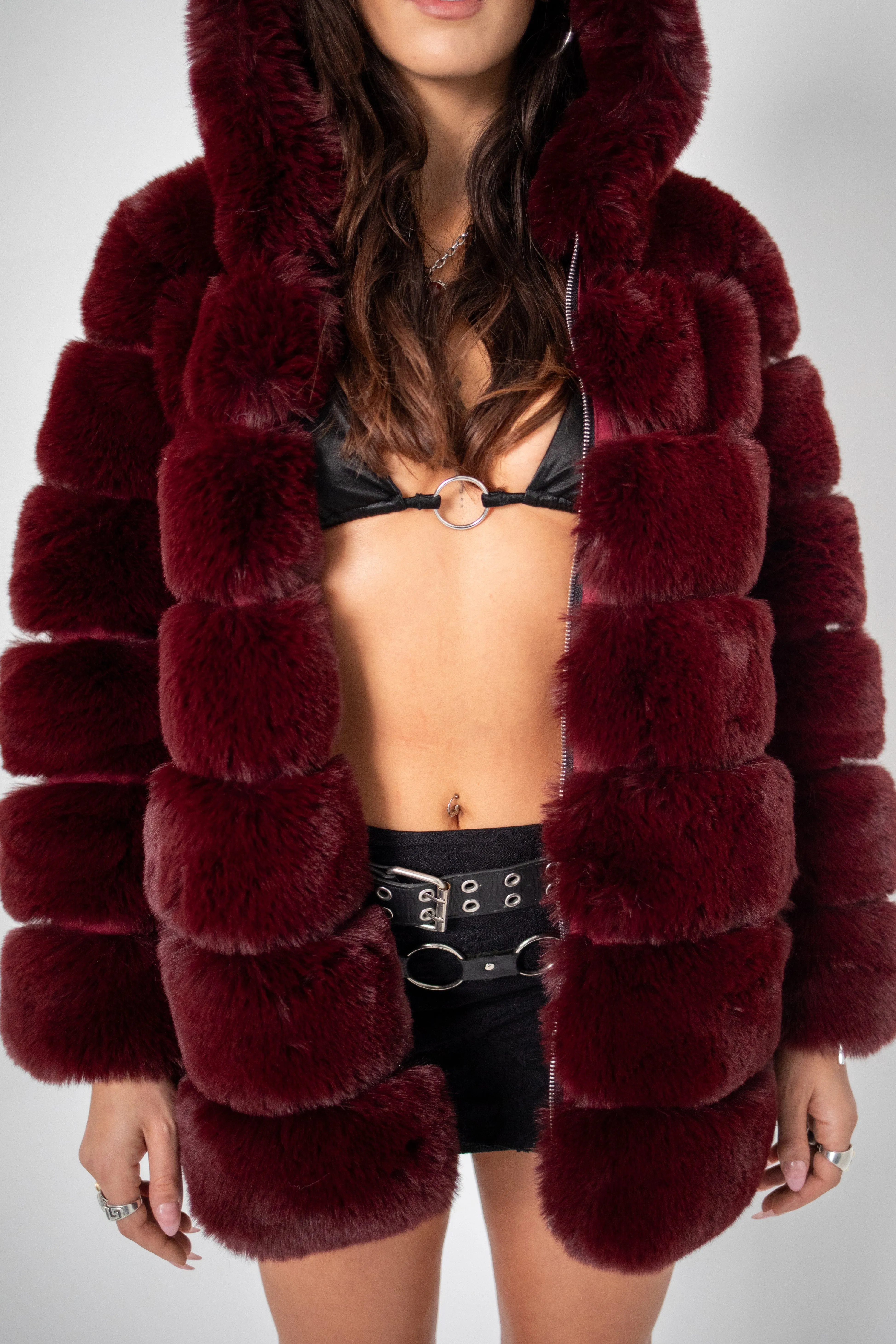 LUXE Chocolate Burgundy Faux Fur Coat