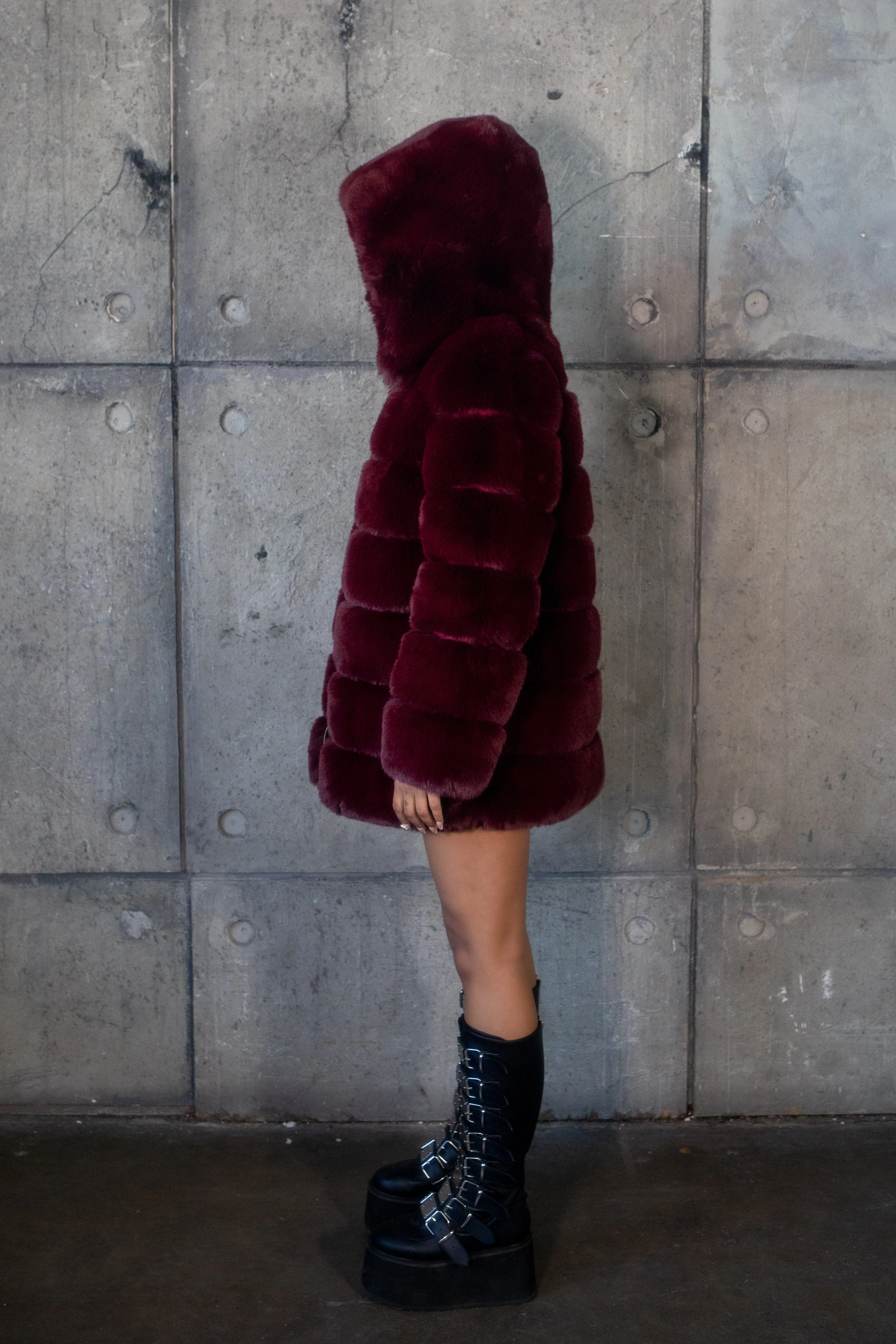 LUXE Chocolate Burgundy Faux Fur Coat