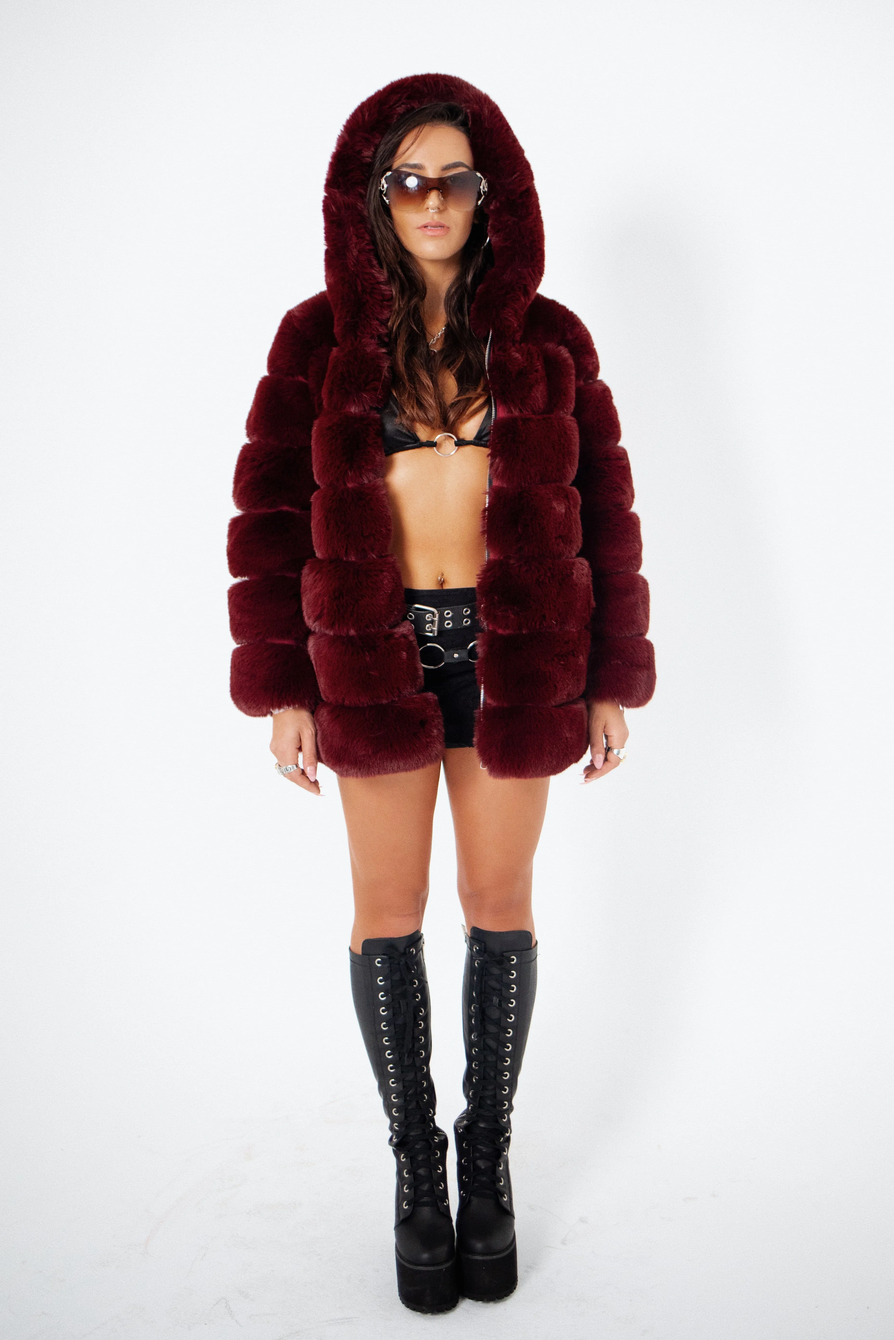 LUXE Chocolate Burgundy Faux Fur Coat