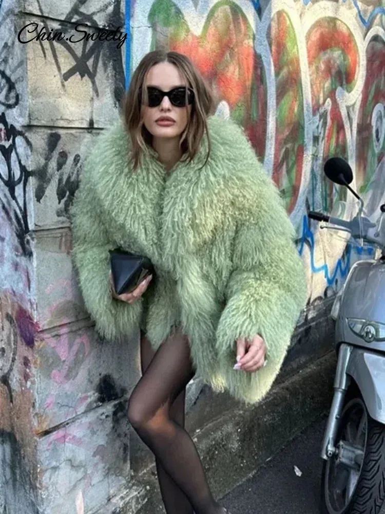 Luxury Fluffy Faux Fur Jacket Coat Women Oversize Long Sleeve Lapel Plush Overcoat 2024 Winter Chic Lady Thicken Warm Outwear