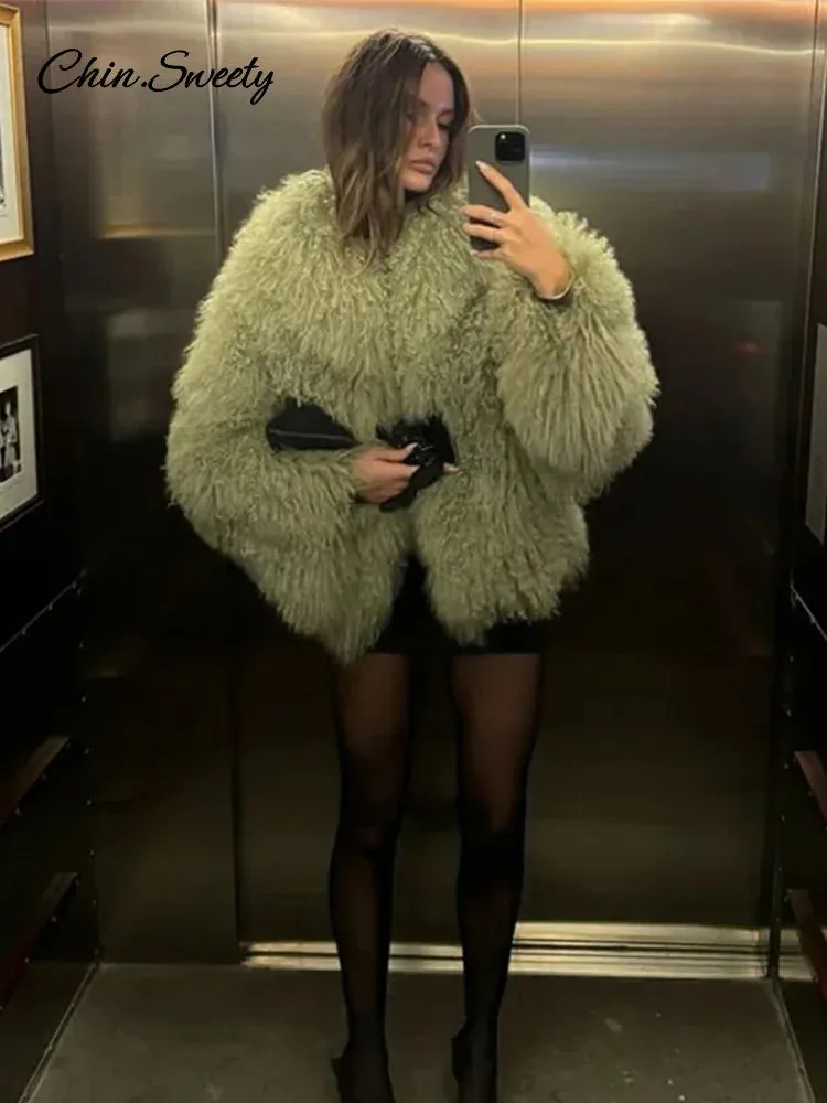 Luxury Fluffy Faux Fur Jacket Coat Women Oversize Long Sleeve Lapel Plush Overcoat 2024 Winter Chic Lady Thicken Warm Outwear