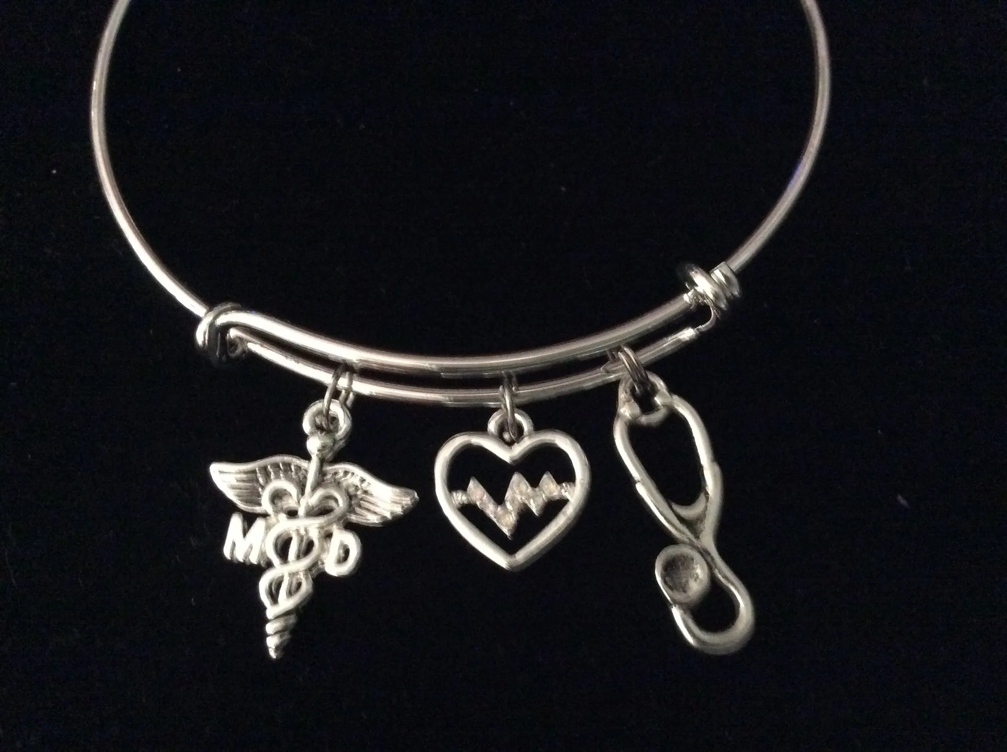 MD Medical Doctor Caduceus EKG Heartbeat Stethoscope Silver Expandable Charm Bracelet Adjustable Bangle