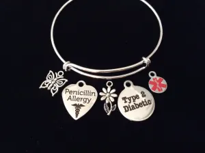 Medical Bracelet Penicillin Type 2 Diabetic Silver Expandable Charm Bracelet Diabetes Adjustable Bangle Medical Alert Jewelry Gift