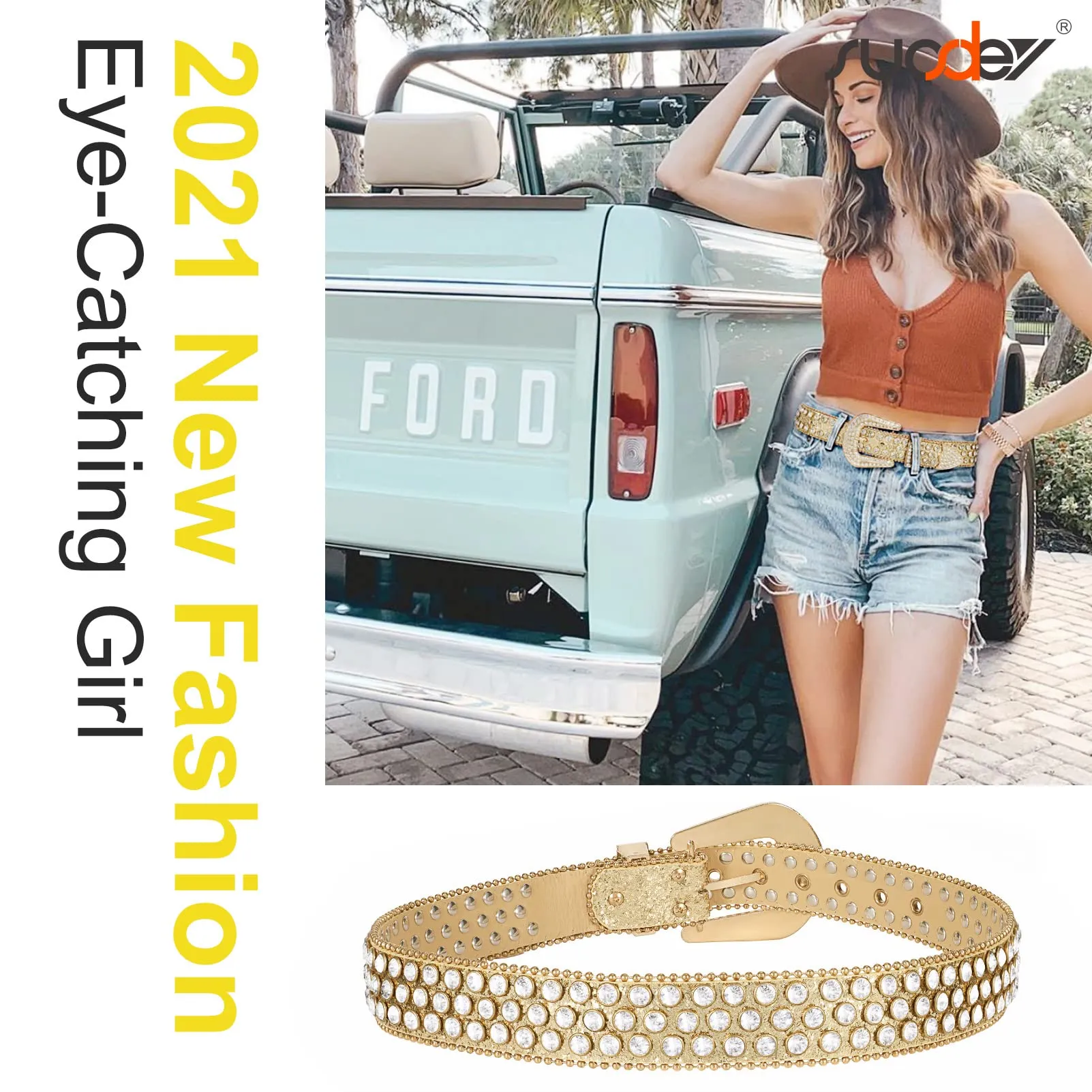 Men Women Fashion Rhinestone Belt SUOSDEY Western Cowgirl Bling Studded Design Leather Diamond Belt for Jeans Dress