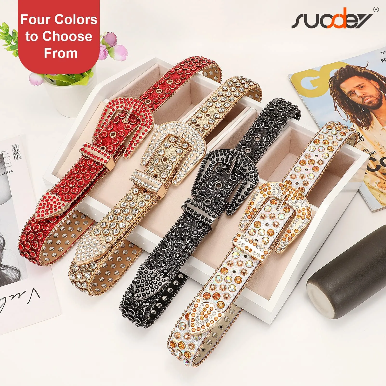 Men Women Fashion Rhinestone Belt SUOSDEY Western Cowgirl Bling Studded Design Leather Diamond Belt for Jeans Dress