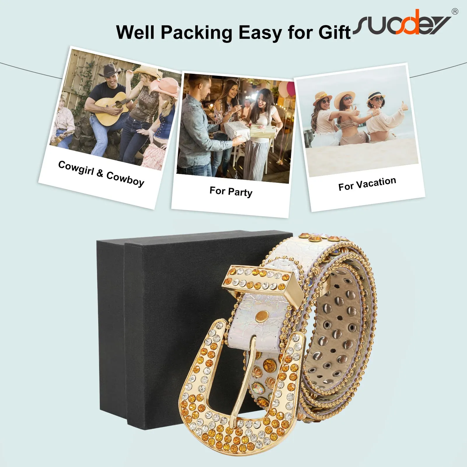 Men Women Fashion Rhinestone Belt SUOSDEY Western Cowgirl Bling Studded Design Leather Diamond Belt for Jeans Dress