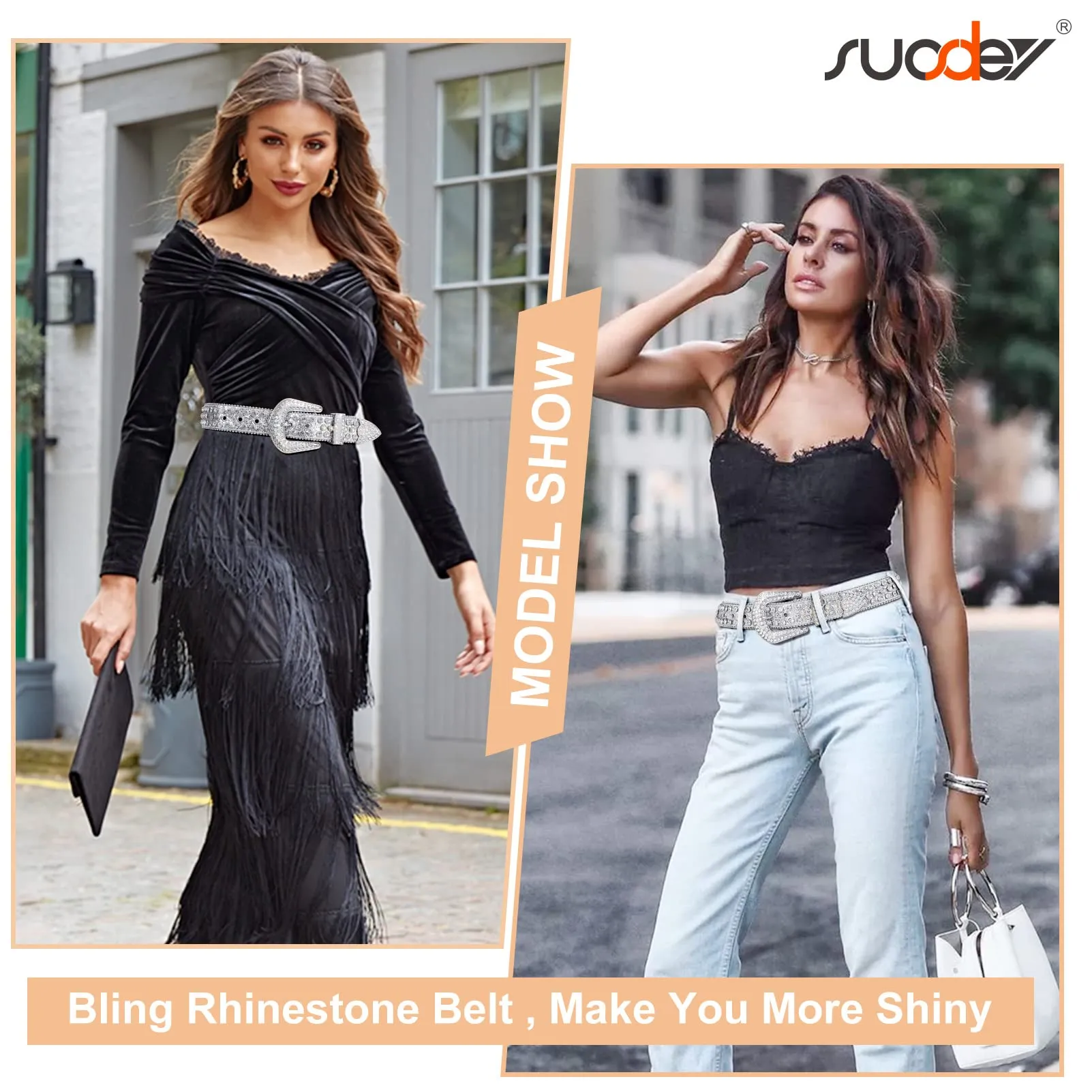 Men Women Fashion Rhinestone Belt SUOSDEY Western Cowgirl Bling Studded Design Leather Diamond Belt for Jeans Dress