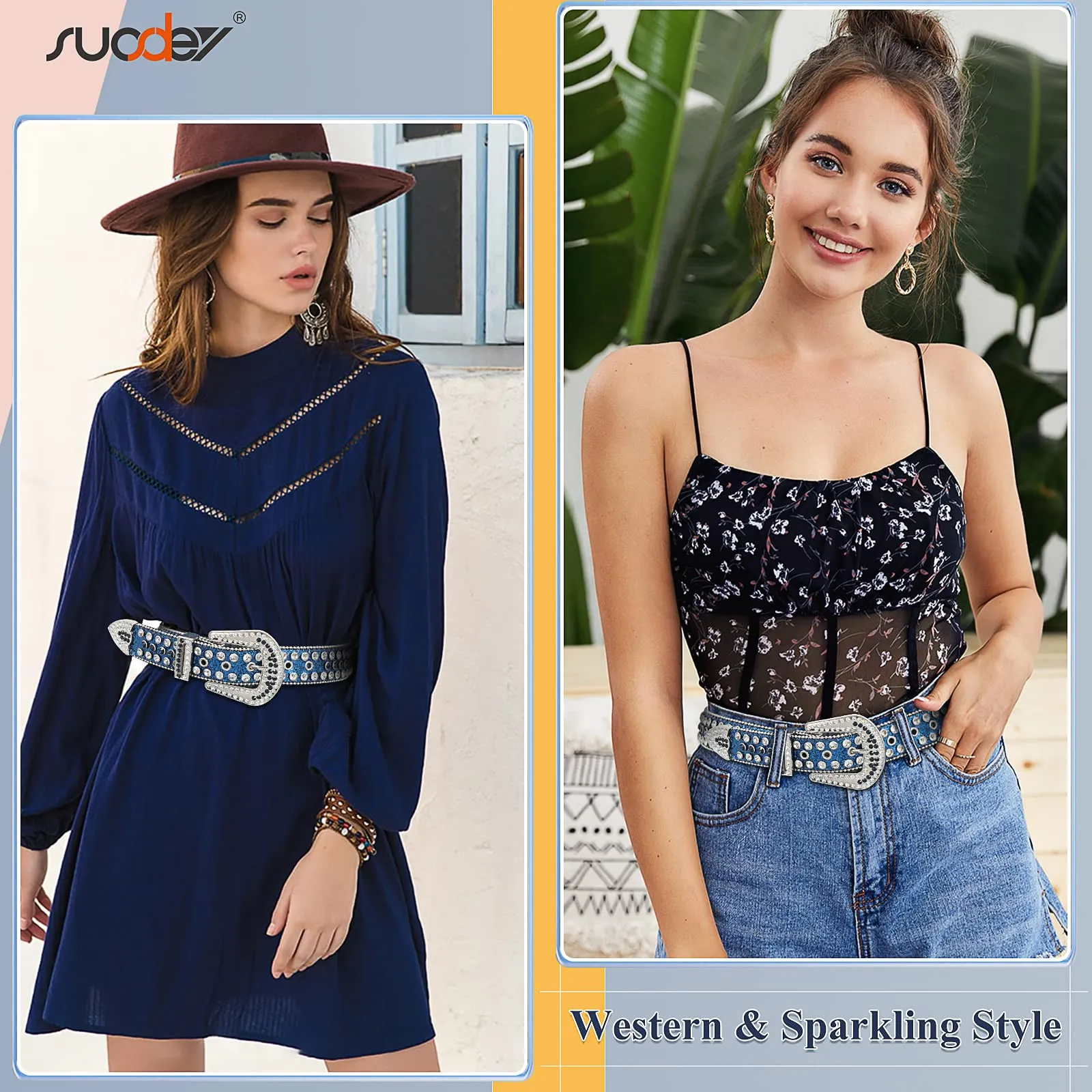 Men Women Fashion Rhinestone Belt SUOSDEY Western Cowgirl Bling Studded Design Leather Diamond Belt for Jeans Dress