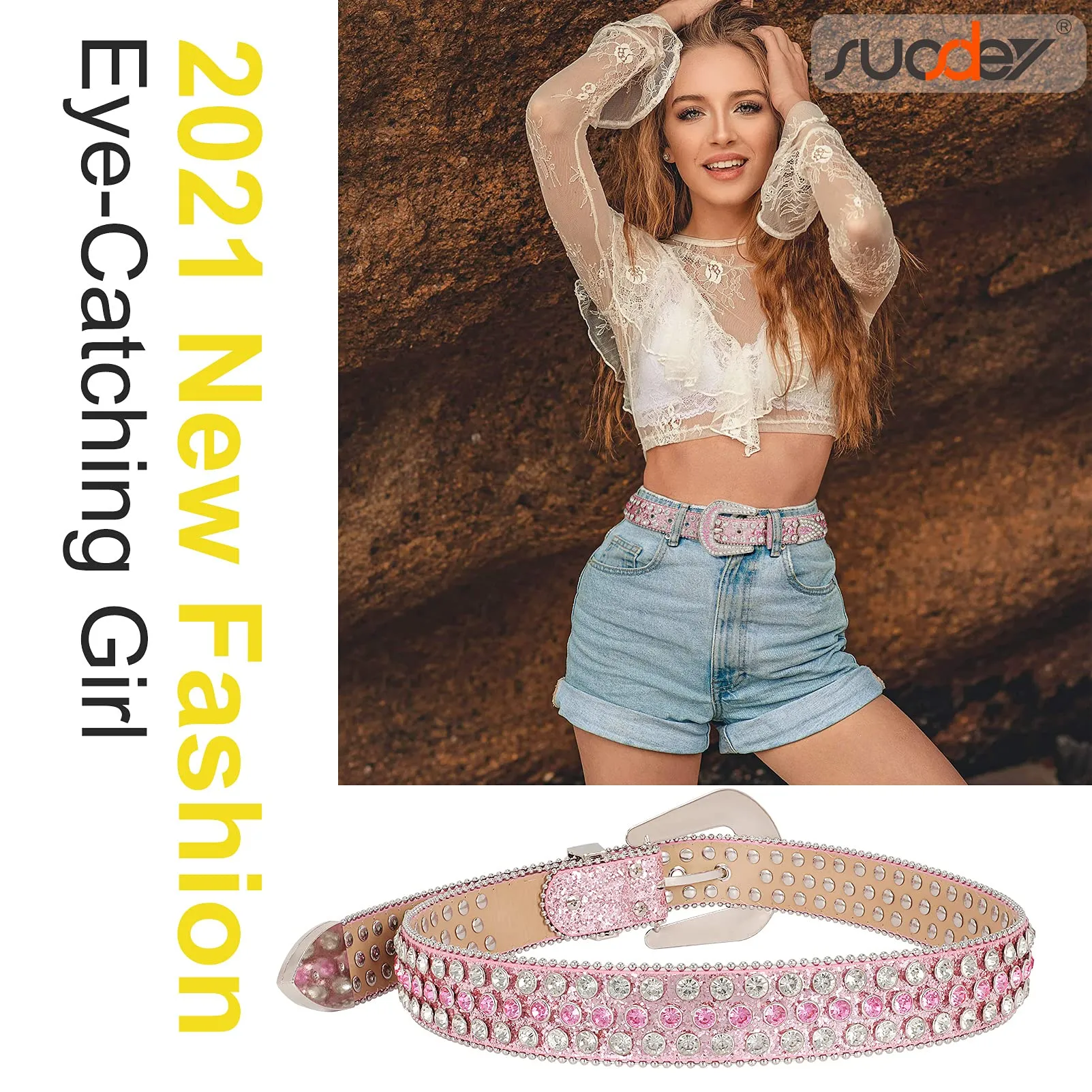 Men Women Fashion Rhinestone Belt SUOSDEY Western Cowgirl Bling Studded Design Leather Diamond Belt for Jeans Dress