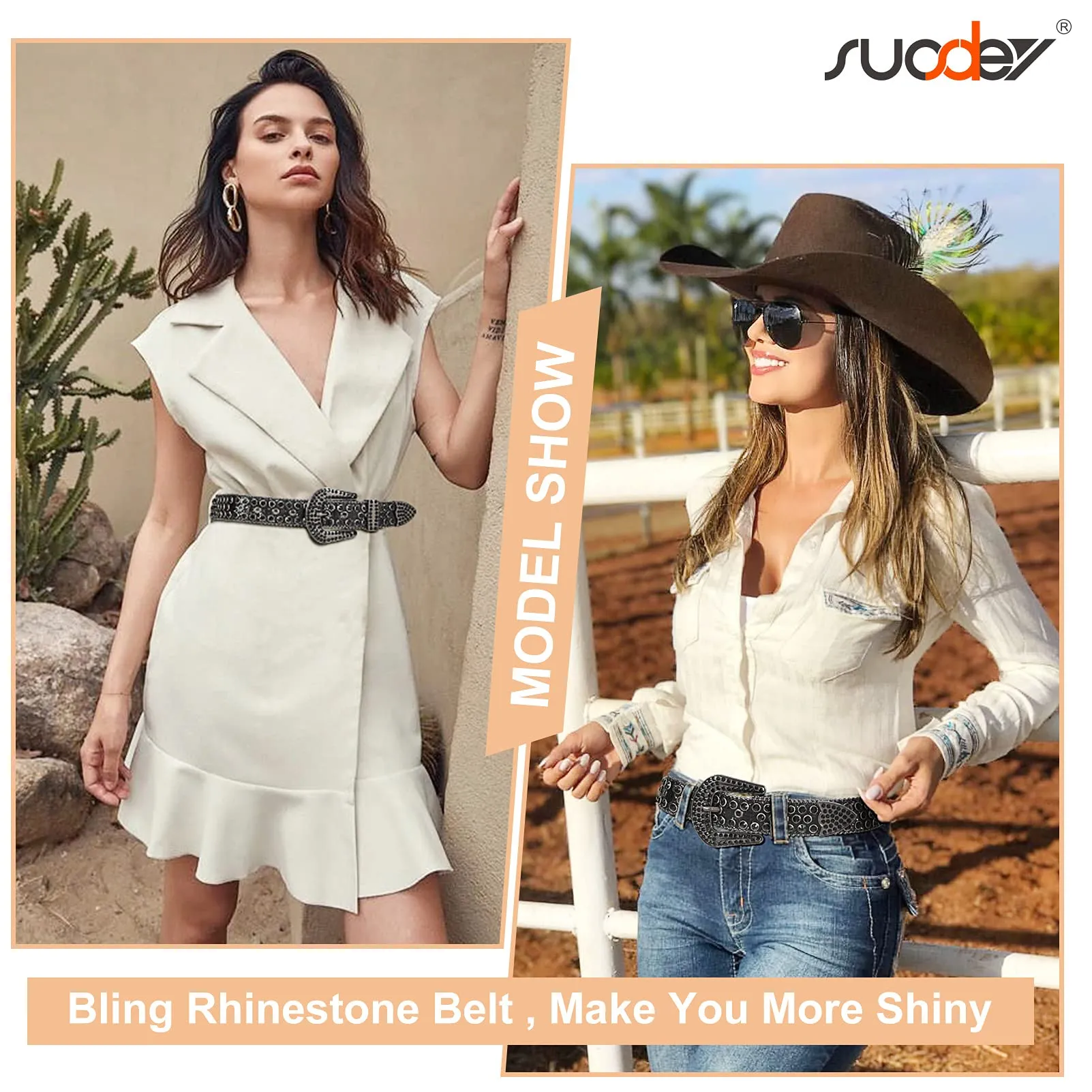 Men Women Fashion Rhinestone Belt SUOSDEY Western Cowgirl Bling Studded Design Leather Diamond Belt for Jeans Dress