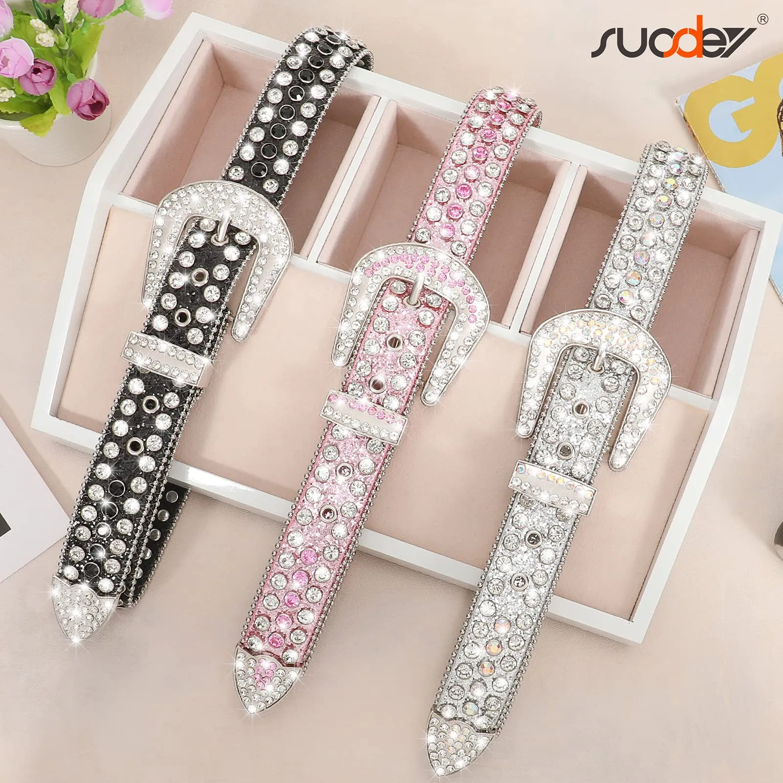 Men Women Fashion Rhinestone Belt SUOSDEY Western Cowgirl Bling Studded Design Leather Diamond Belt for Jeans Dress